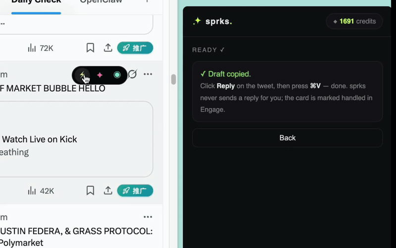 sprks drafting a reply directly inside the X feed